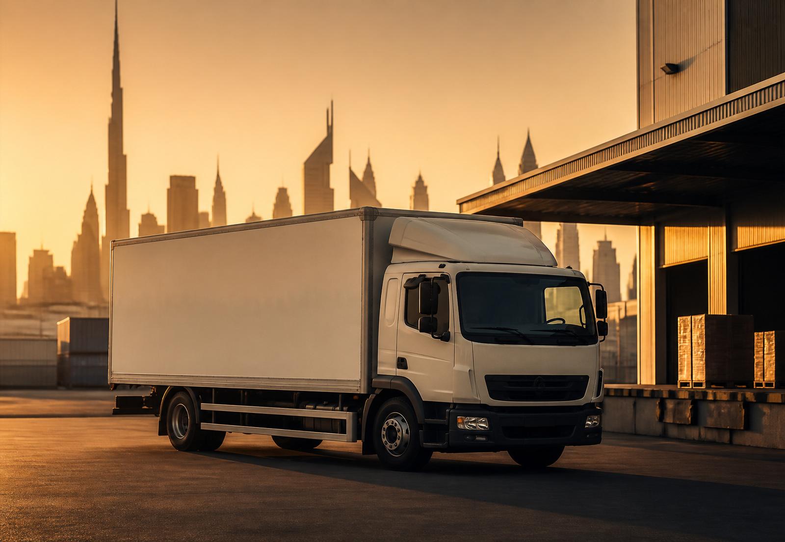 A white light truck at a UAE logistics yard at golden hour with the Dubai skyline in the distance