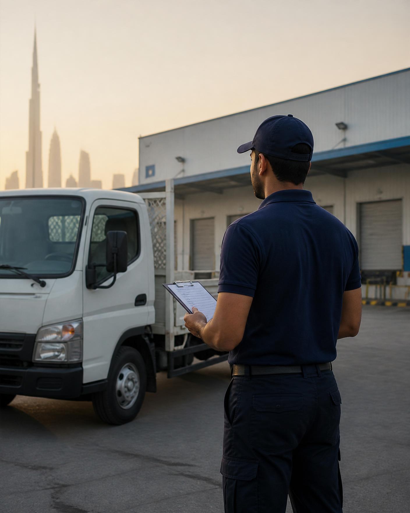 A logistics coordinator in a navy uniform reviewing paperwork beside a light truck at a UAE distribution centre