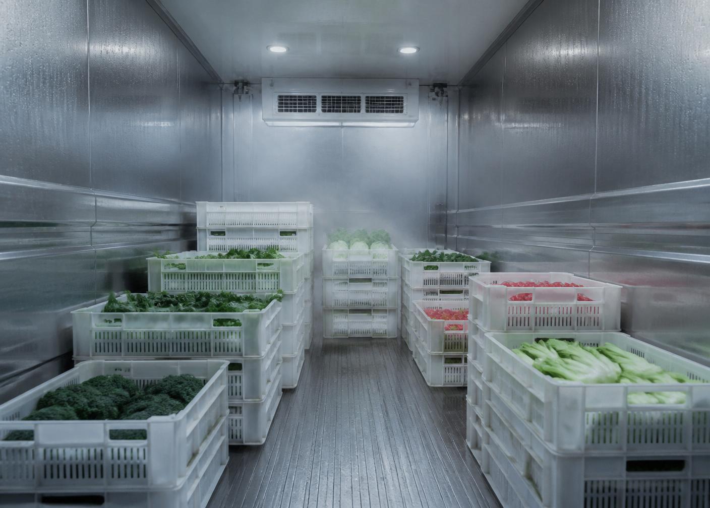 Interior of a refrigerated chiller truck with fresh produce crates