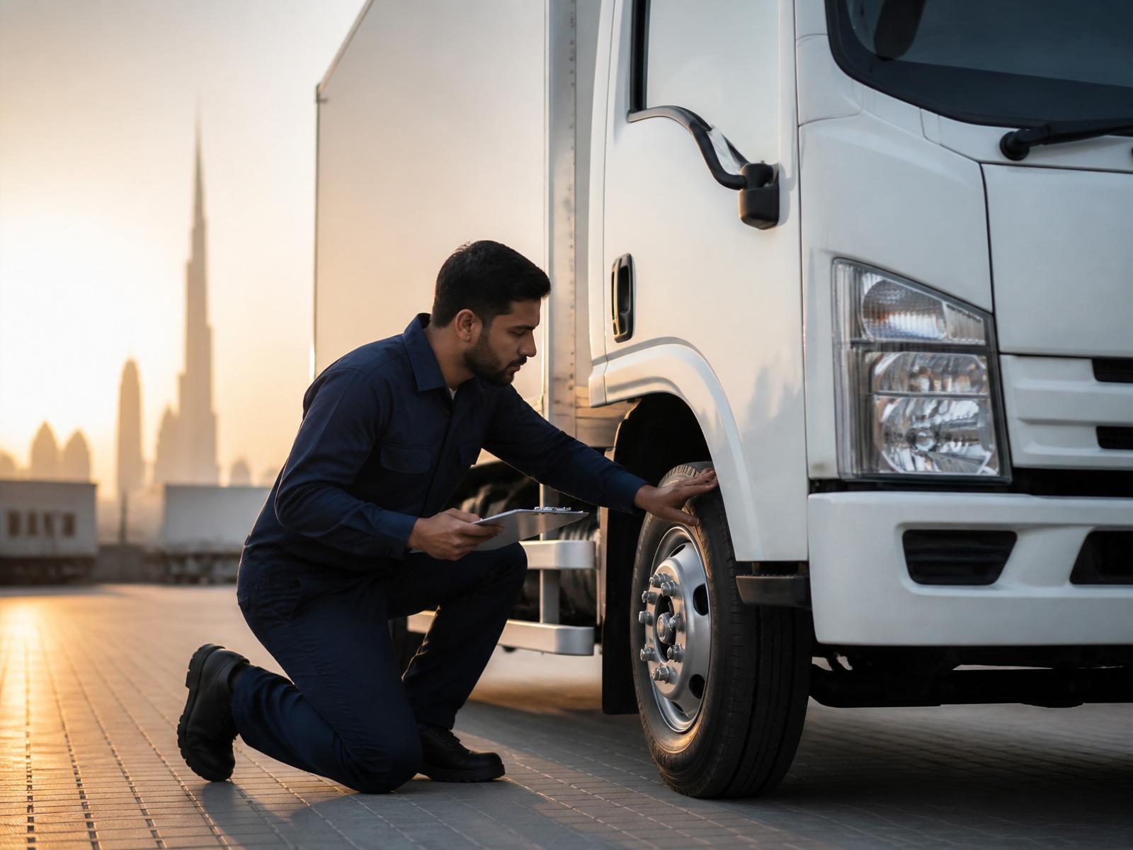 A JAR Cargo driver kneeling beside a white light-duty box truck at dawn in Dubai, performing a pre-trip tyre inspection with a clipboard in hand.