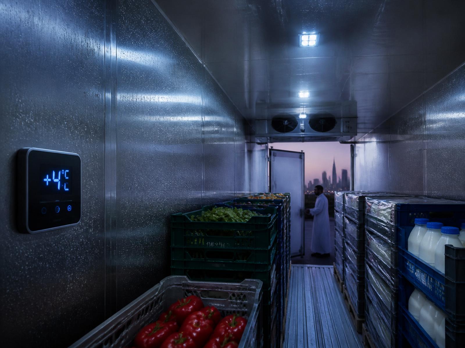 Interior of a spotless refrigerated chiller truck in the UAE with a digital temperature display showing +4°C and crates of fresh produce and dairy