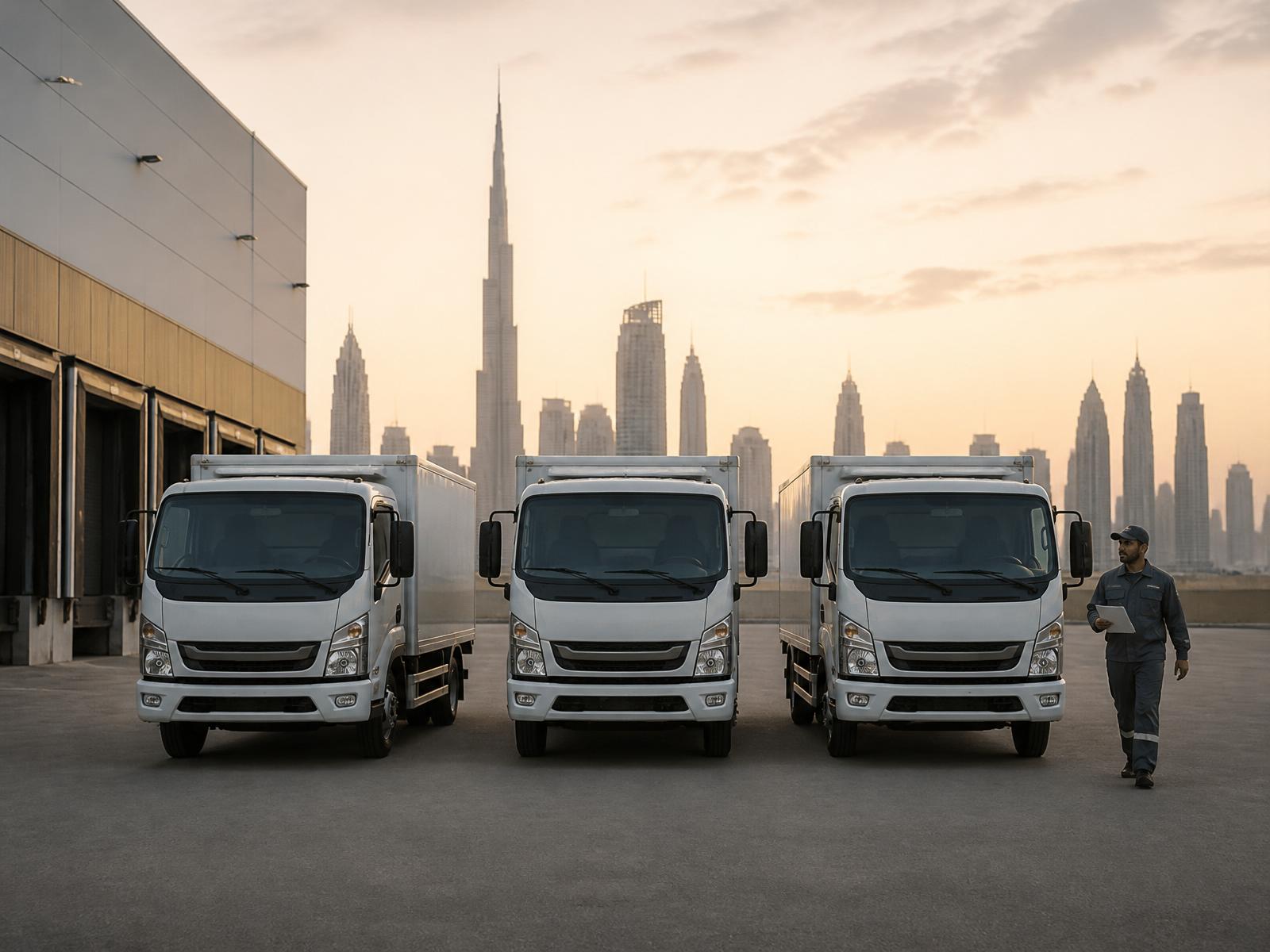 A fleet of three matching modern white light trucks parked in formation at a UAE corporate logistics depot at dawn with the Dubai skyline behind