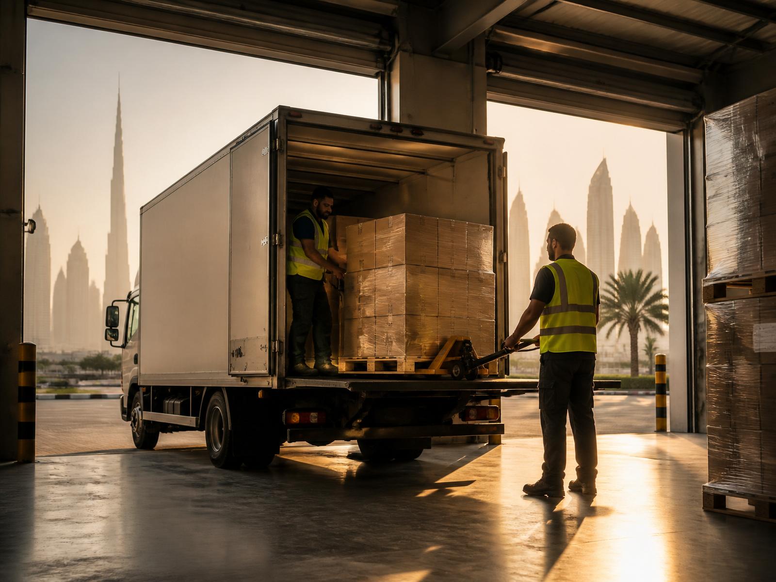 Workers loading palletised cardboard cartons into a white light box truck at a UAE distribution warehouse at golden hour